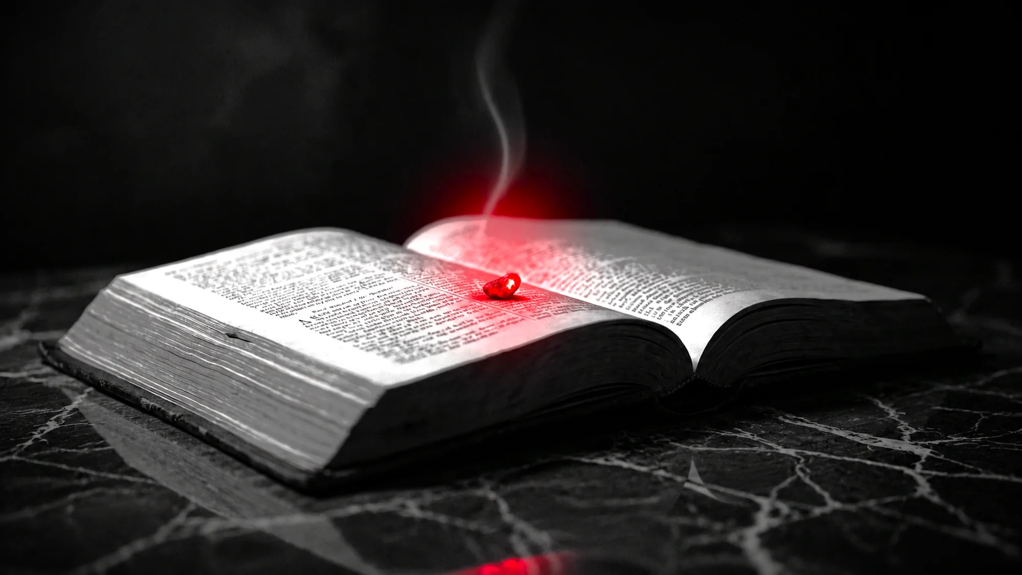 An open Bible with a glowing crimson ember on the page