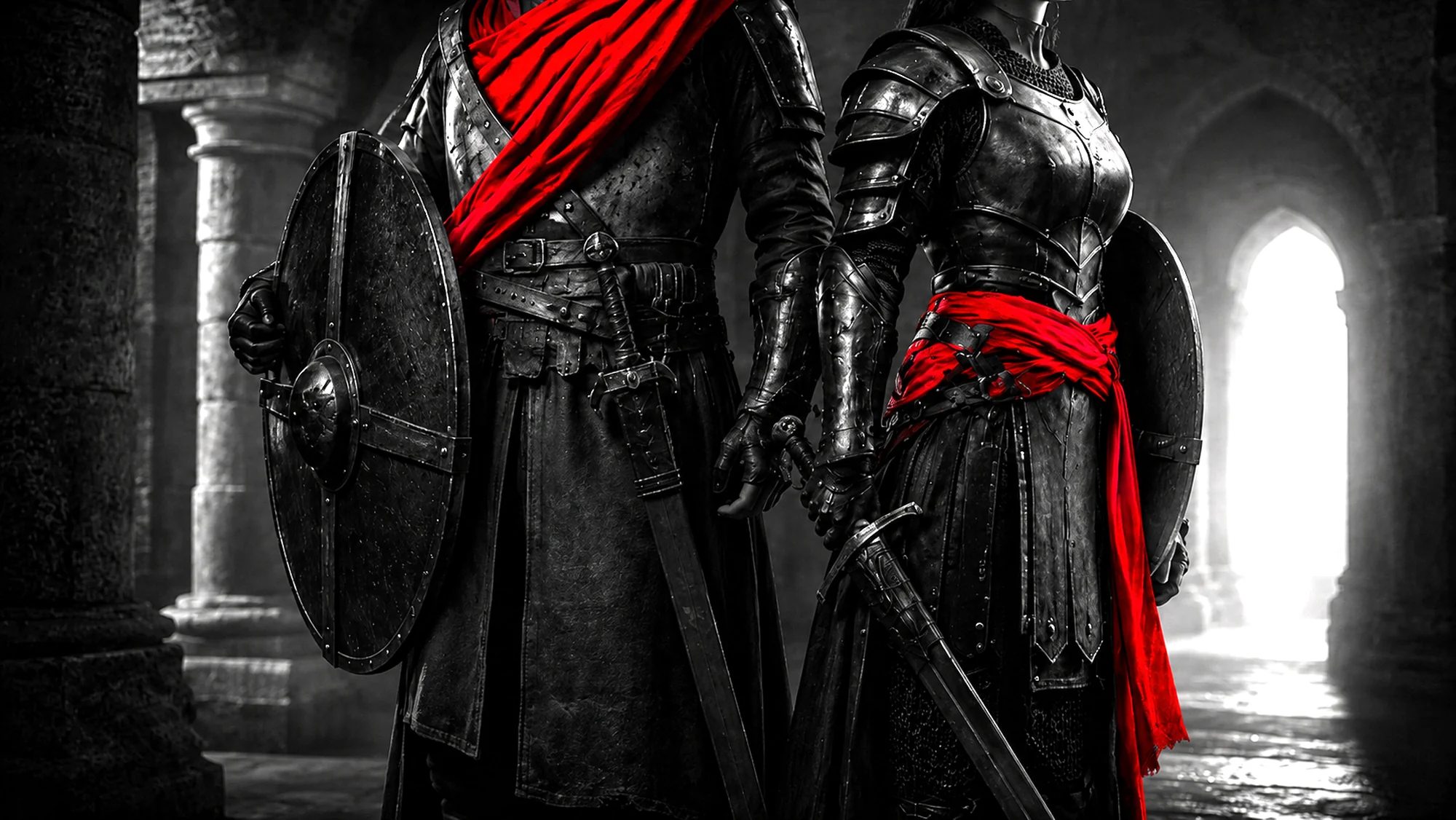 Two figures in armor with crimson sashes