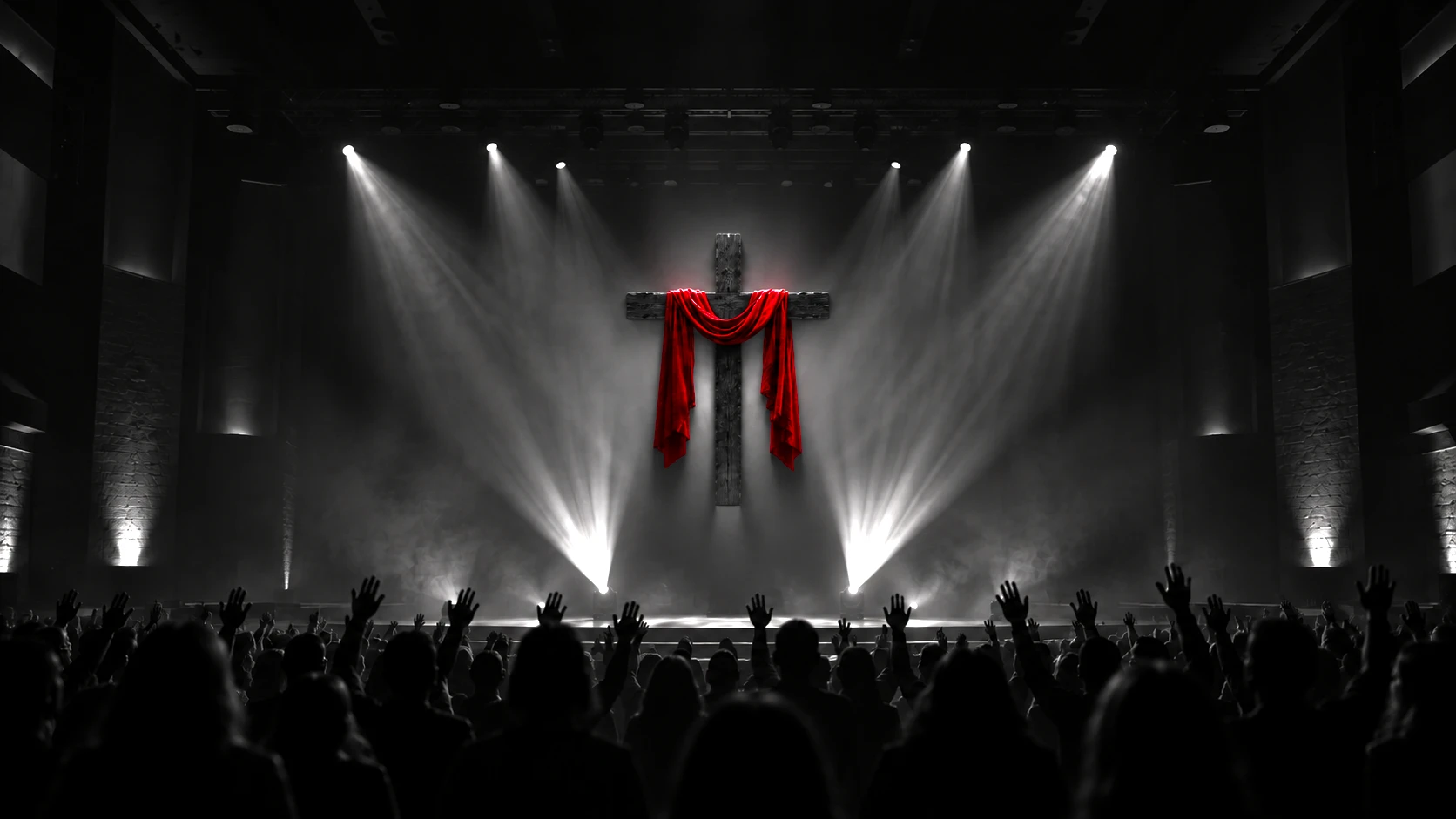 A worship service: a wooden cross draped in crimson cloth under stage lights, with hands raised in the crowd