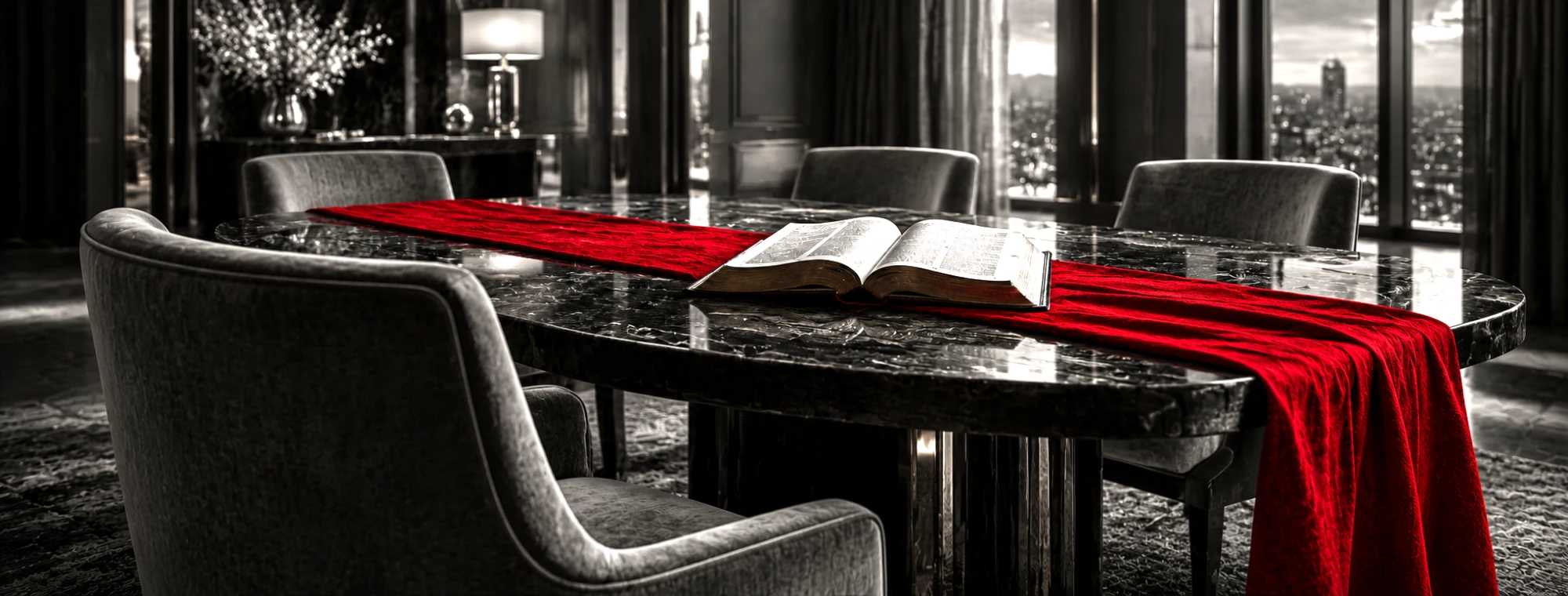 An open Bible on a dark table with a red runner, chairs pulled up around it